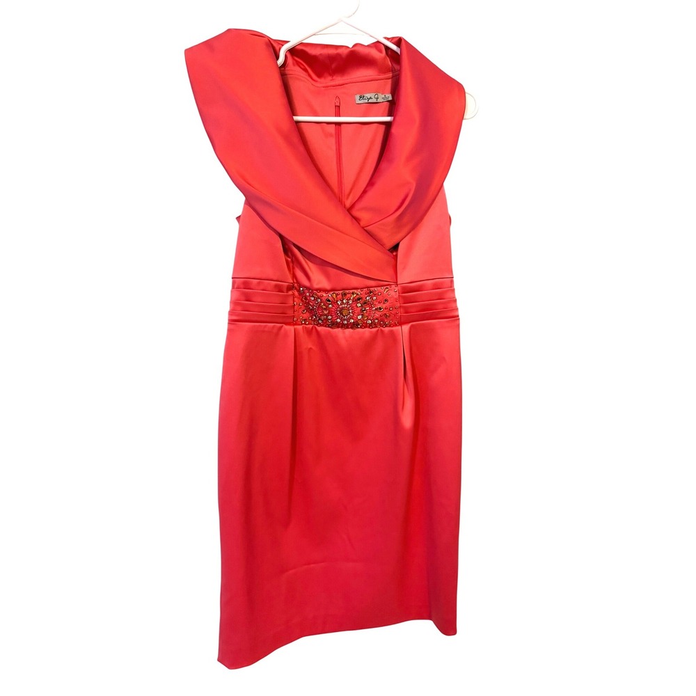 Eliza J Guava Pink Satin Portrait Collar Beaded Cocktail Dress Gala Formal